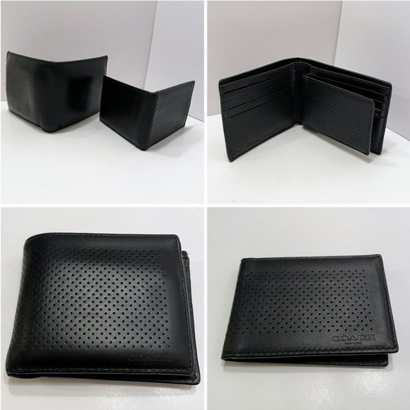 Coach New York Black Perforated Leather Bifold Wallet & Removable Compact Wallet - Picture 14 of 14